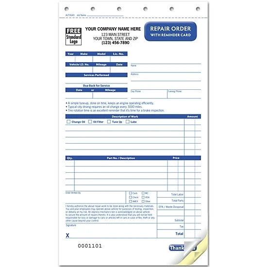 Repair Order with Reminder Card, Carbonless 1
