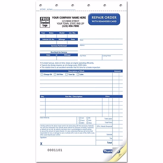 Repair Order with Reminder Card, Carbonless