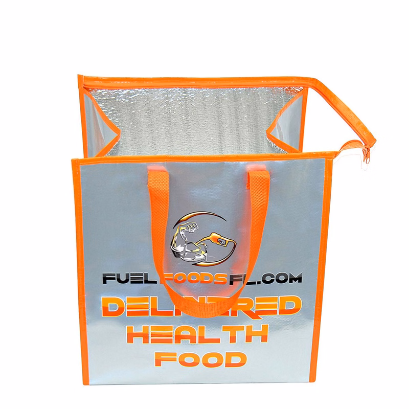 Custom 145g Metalic Laminated Woven Insulated Delivery Cooler Bag w/Zipper Closure 13"x15"x10"