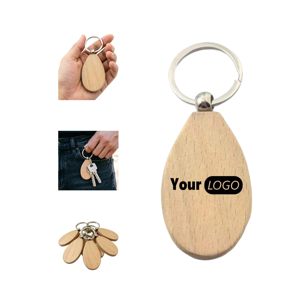 Natural Beech Wood Teardrop Key Chain 1
