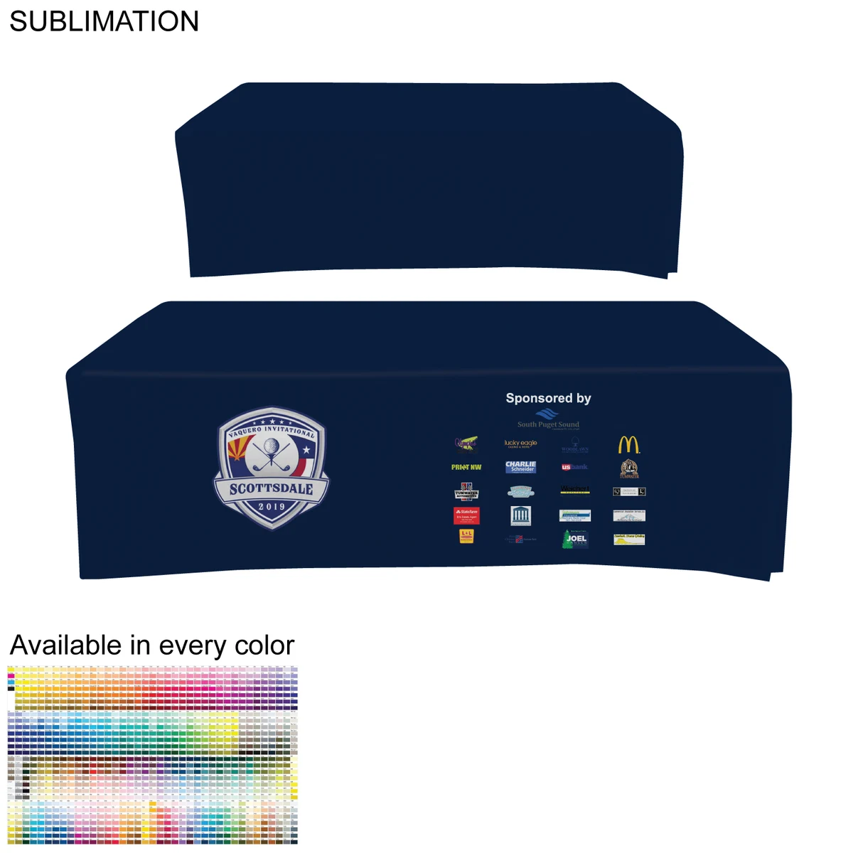 Outdoor Use Sublimated Box style Fitted tablecloth for a 8' Table, Closed back 1