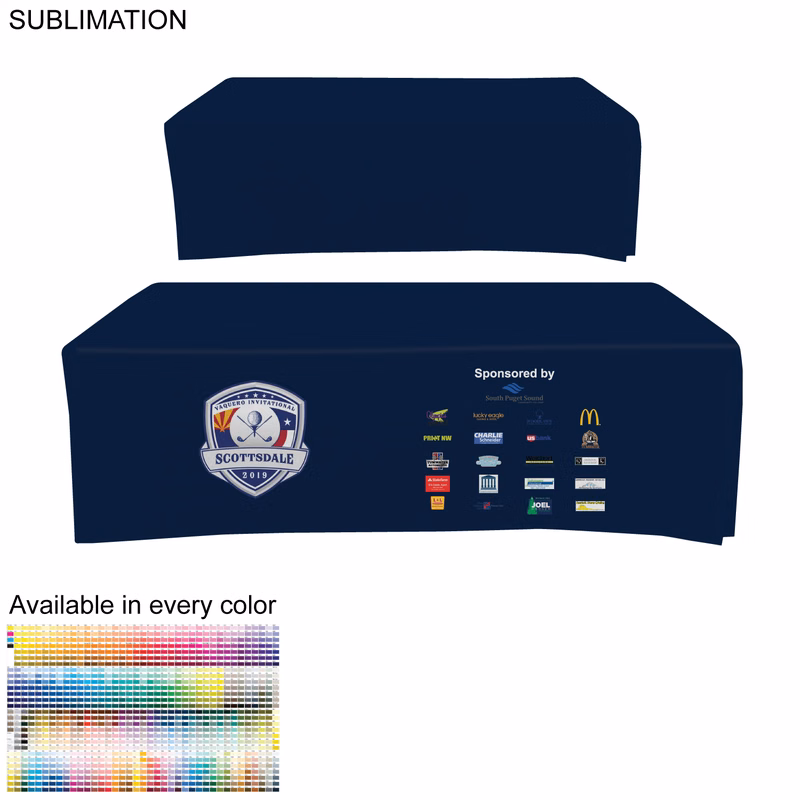 Outdoor Use Sublimated Box style Fitted tablecloth for a 8' Table, Closed back