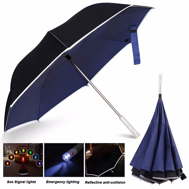 LED Light Straight Handle Double Reverse Umbrella