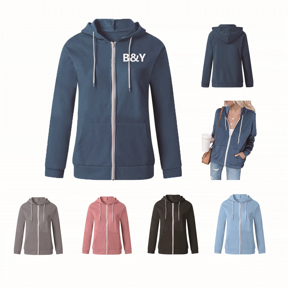 Women'S Color Block Zip Up Hoodie Sweatshirt/Long Sleeve 1