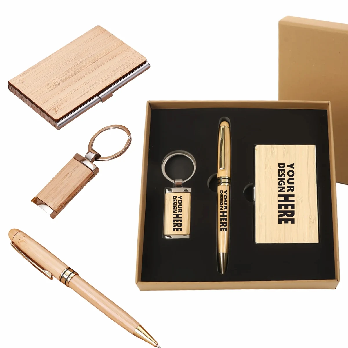 Bamboo Wood Gift Set: Ballpoint Pen, Keychain, Card Holder 1