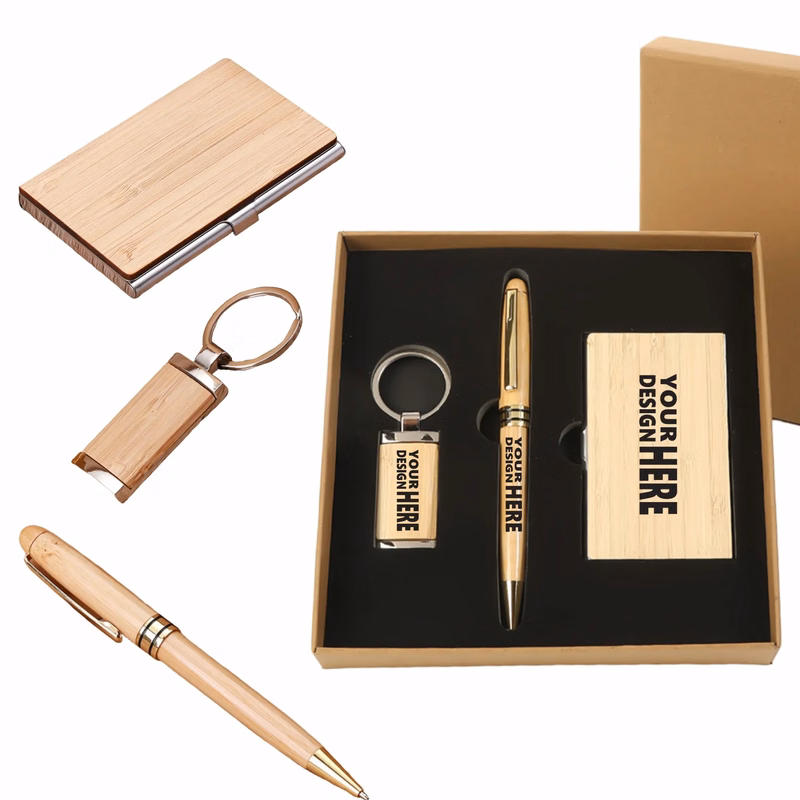 Bamboo Wood Gift Set: Ballpoint Pen, Keychain, Card Holder