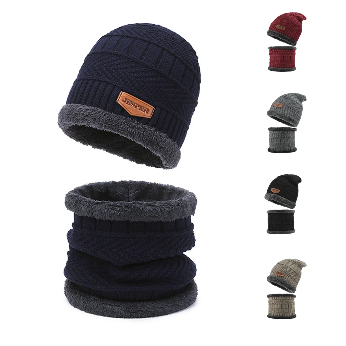 Mens Womens Winter Knit Thick Fleece Hats Scarf Set 1