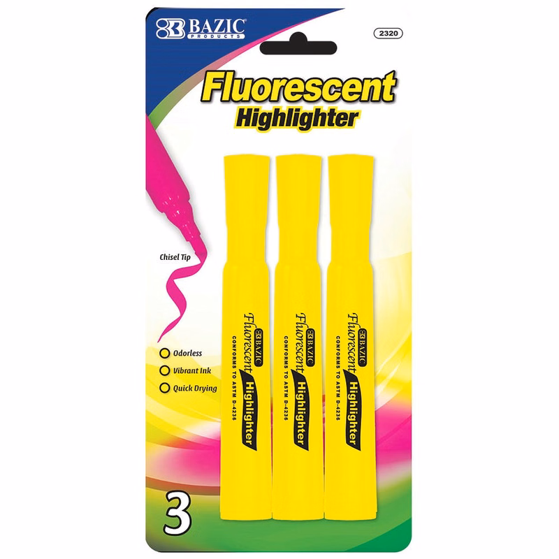 Fluorescent Highlighters - 3 Count Yellow Chisel Tip