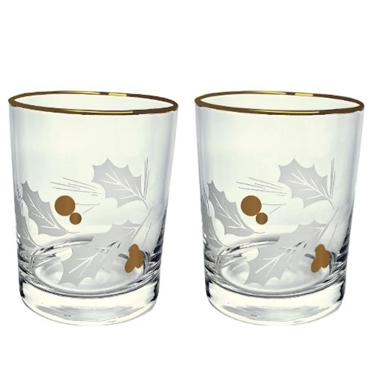 Vintage Satin Etch Holly Leaves & Gold Berries Glasses 1