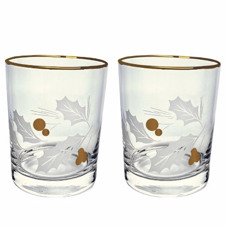 Vintage Satin Etch Holly Leaves & Gold Berries Glasses