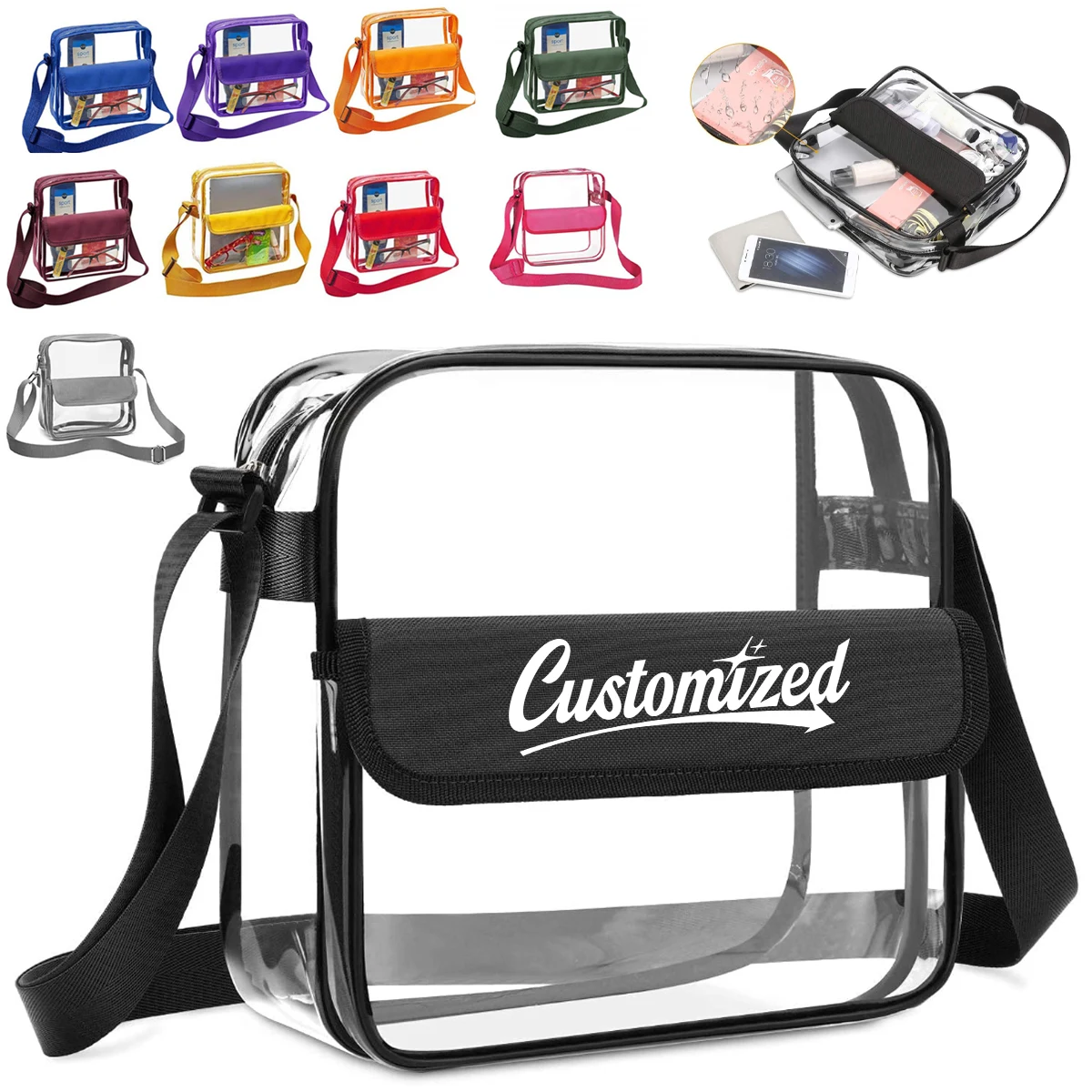 8L Clear PVC Shoulder Bag W/ Flap Closure Adjustable Strap 1