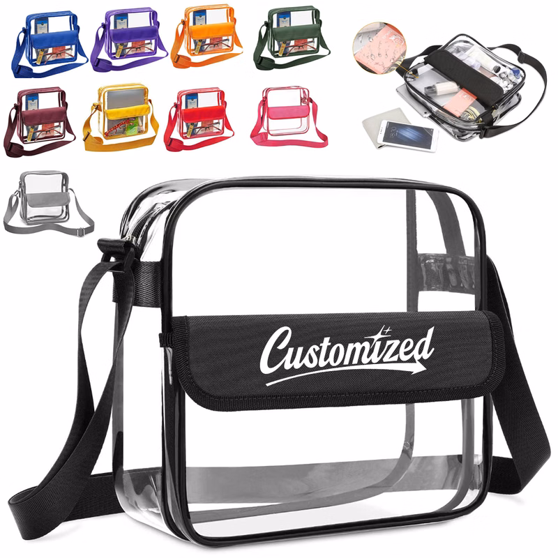 8L Clear PVC Shoulder Bag W/ Flap Closure Adjustable Strap