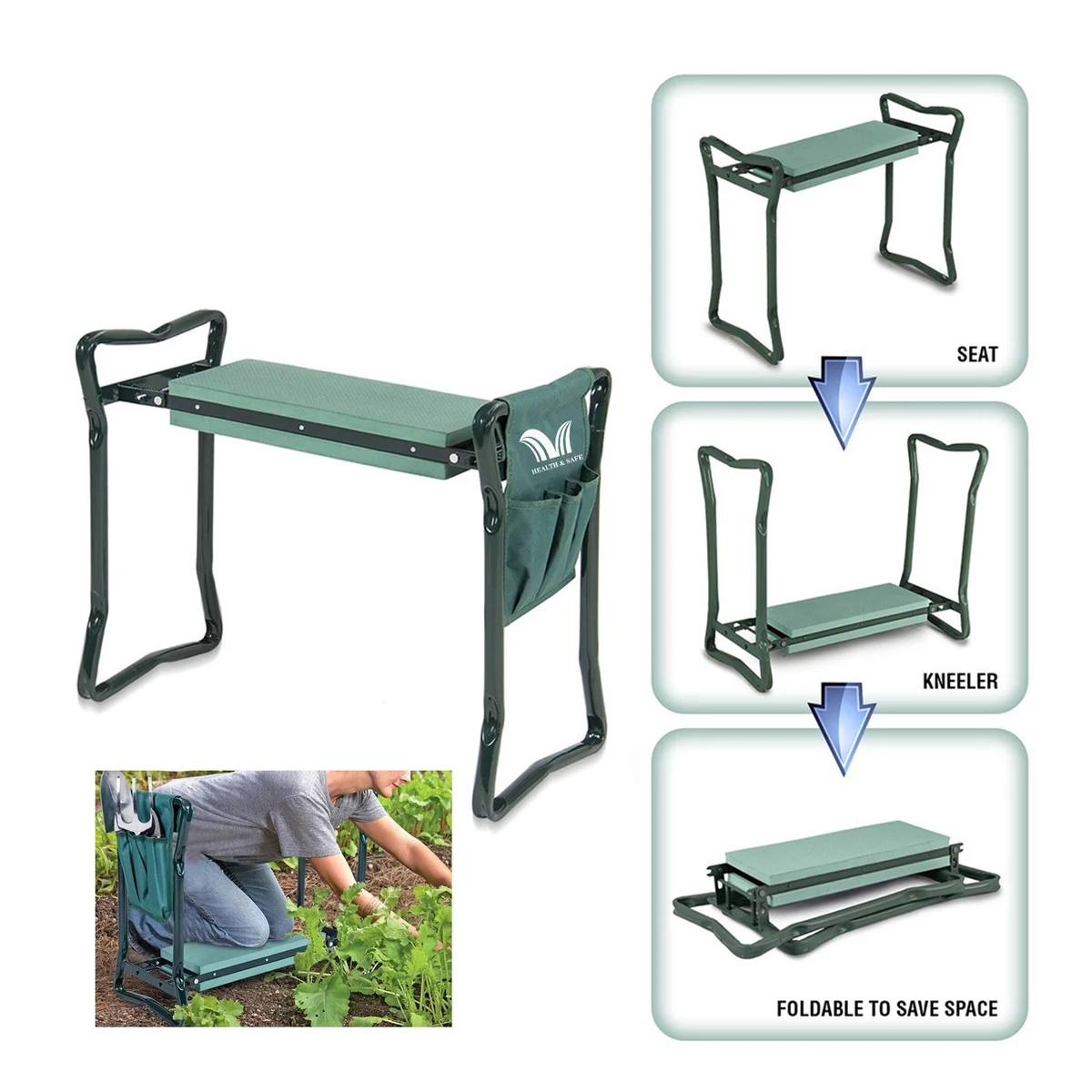 Garden Kneeler Seat Foldable Stool With Tool Bag 1