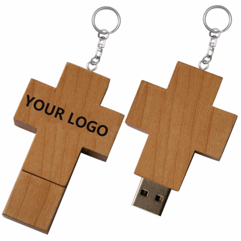 128GB Wood Cross USB Flash Drive w/Keychain