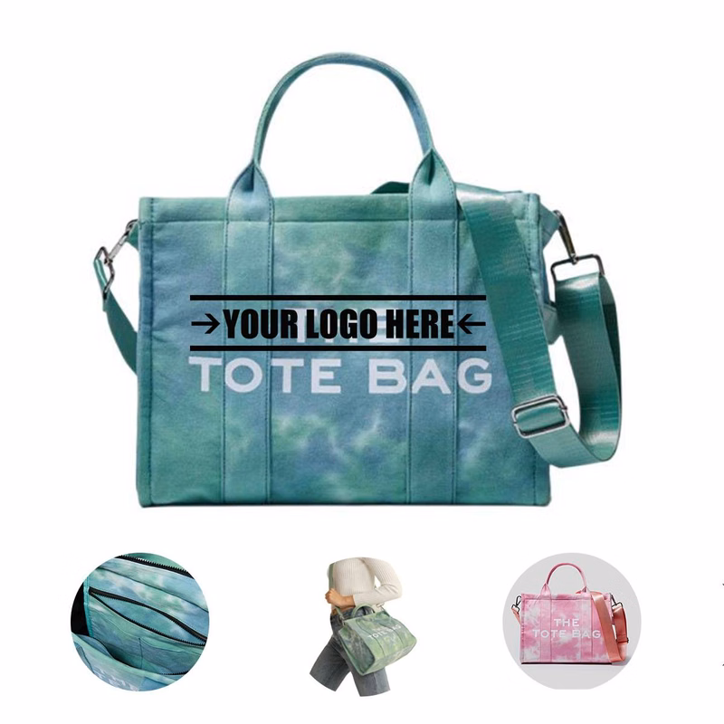 Dyed And Printed Canvas Tote Bag With Zipper Pocket