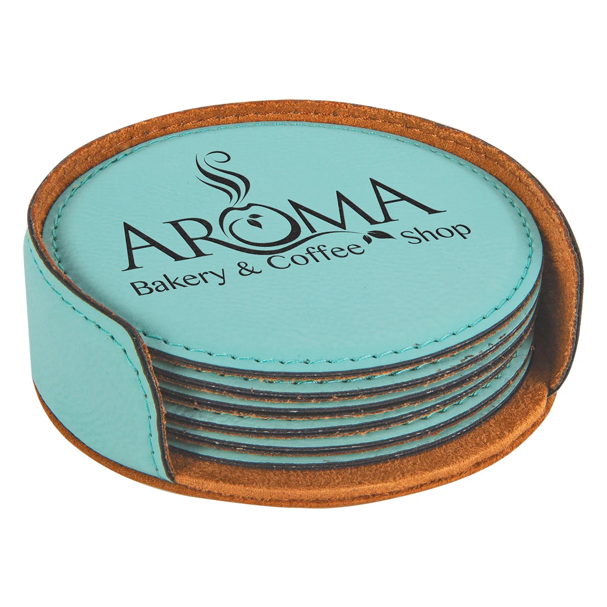 Teal Leatherette Round 6-Coaster Set 1