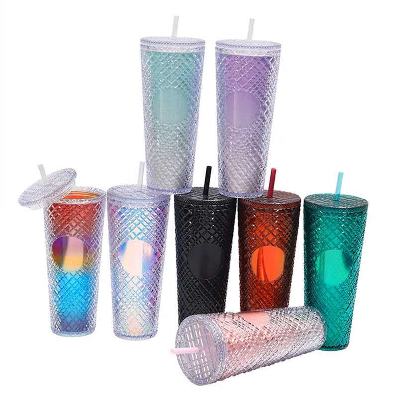 24 Oz. Plastic Double Wall Coffee Tumbler with Straw