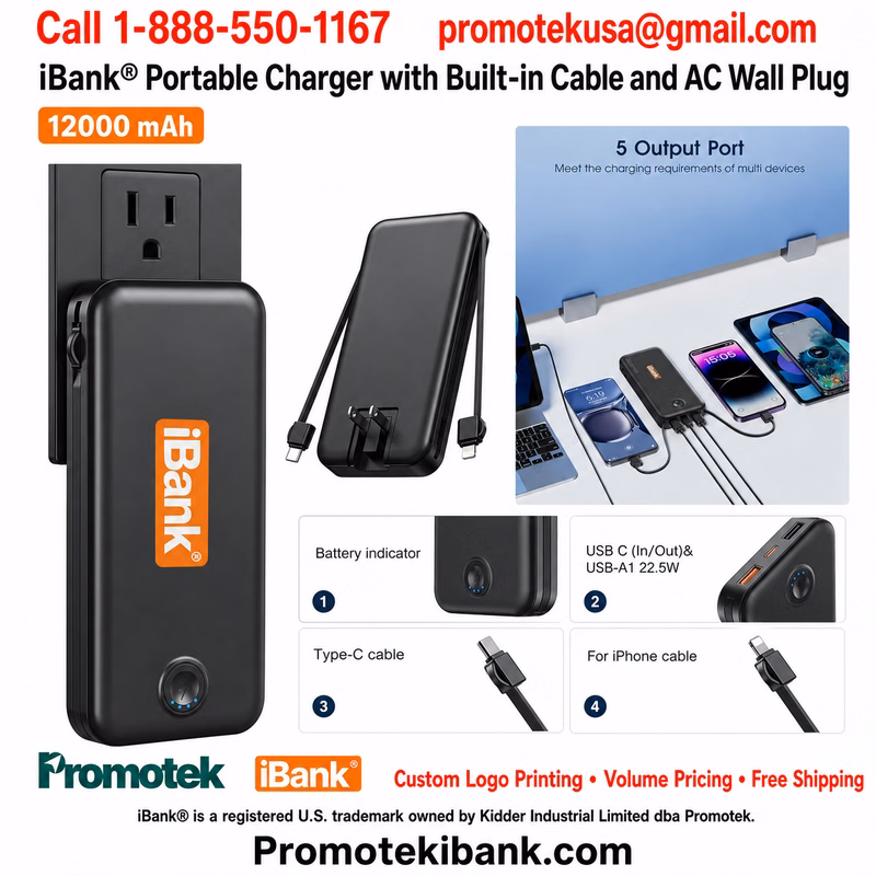 iBank ® Portable Charger with Built in Cable and AC Wall Plug