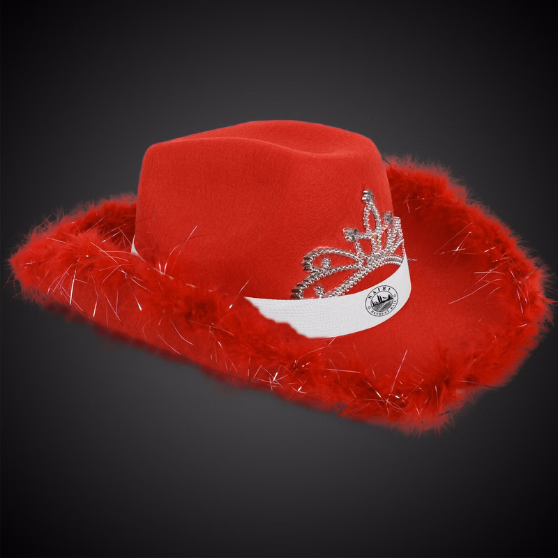 Red Light Up Cowboy Hat w/ Tiara and Feather(White Imprinted Band)
