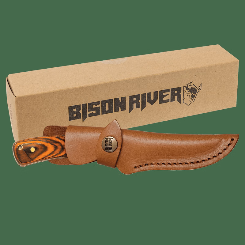 Bison River 7 3/4" Woodgrain/Silver Fixed Blade Wood Knife with Leather Sheath