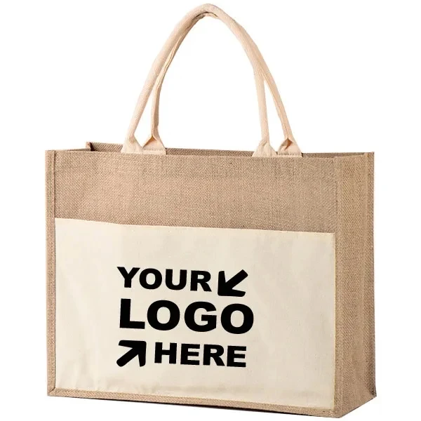 Large Jute Tote with Canvas Front Pocket, custom tote bag with logo imprint 1