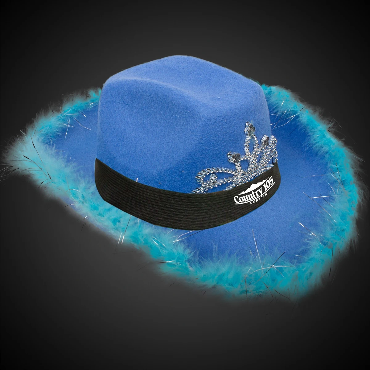 Blue Light Up Cowboy Hat w/ Tiara and Feather(Black Imprinted Band) 1
