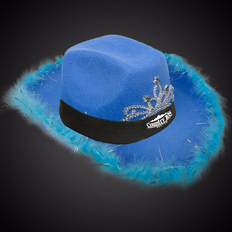 Blue Light Up Cowboy Hat w/ Tiara and Feather(Black Imprinted Band)