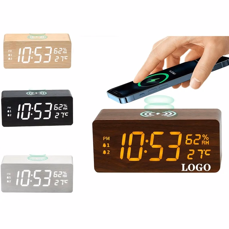 Wooden Digital Alarm Clock Wireless Charging