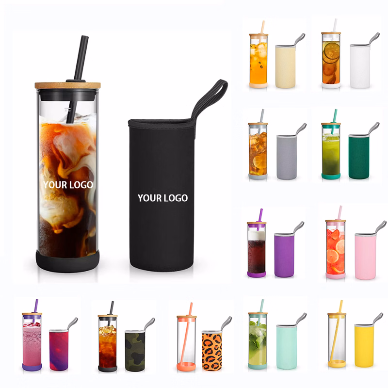 24 oz Glass Tumbler With Straw And Bamboo Water Bottle