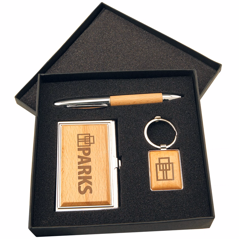 Silver/Wood Finish Gift Set with Business Card Case, Pen & Keychain