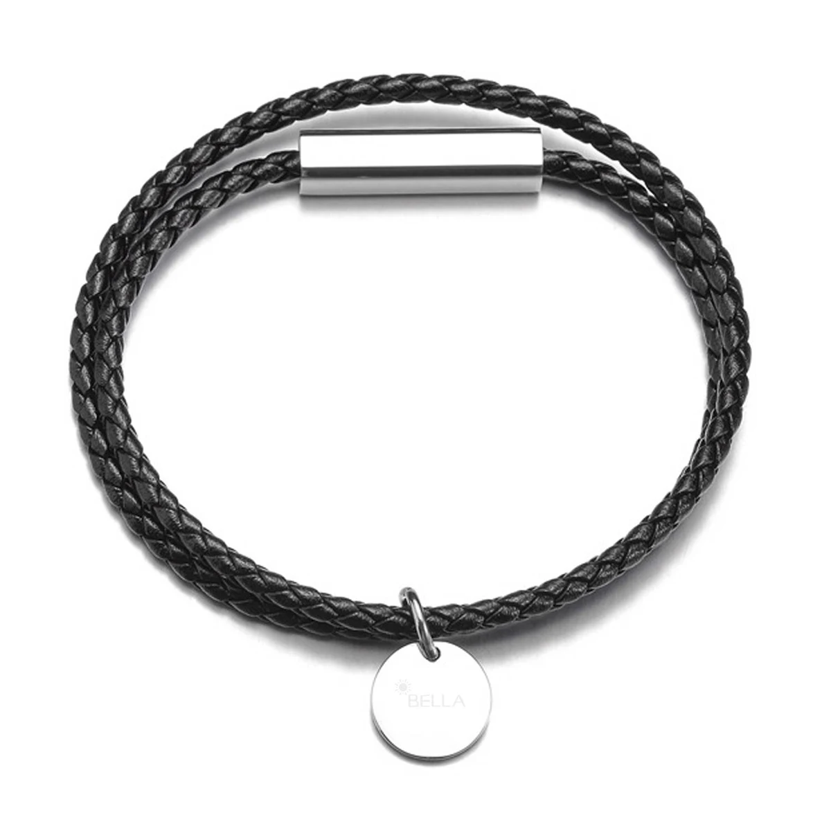 Steel Braided leather rope round pendant bracelet 1