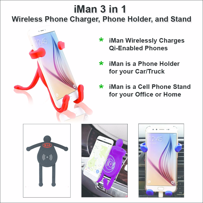 iMan 3 in 1 Wireless Phone Charger, Phone Holder, and Stand - Red