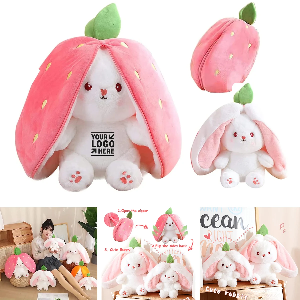Animal Reversible Cuddle Strawberry Bunny Stuffed Carrot Turns Into Plushies Ears Rabbit Toy 1