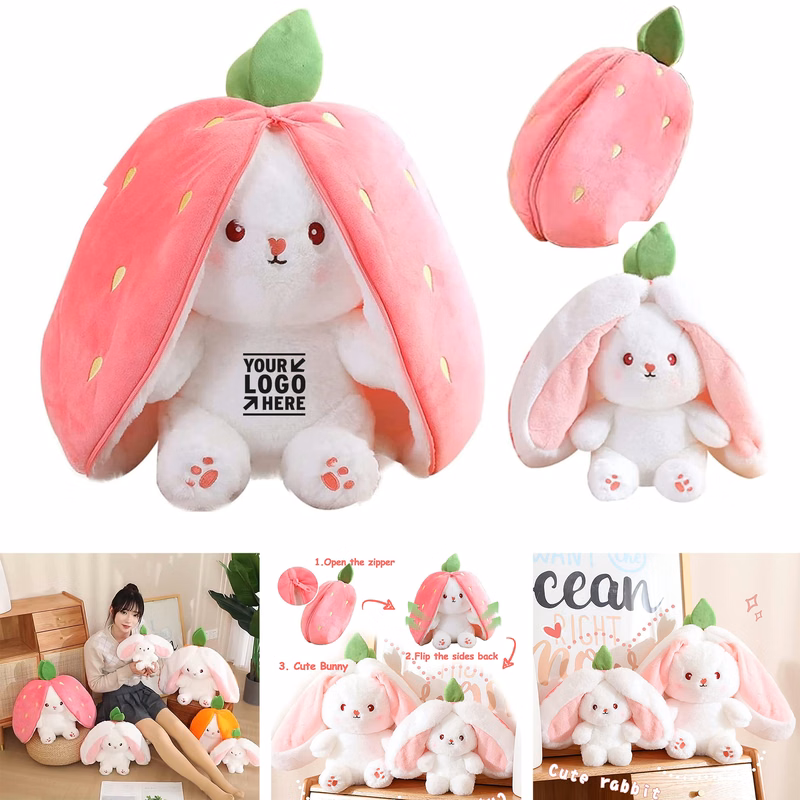 Animal Reversible Cuddle Strawberry Bunny Stuffed Carrot Turns Into Plushies Ears Rabbit Toy