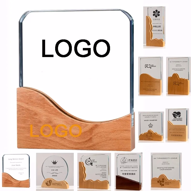 Square Crystal Awards with Wooden Base