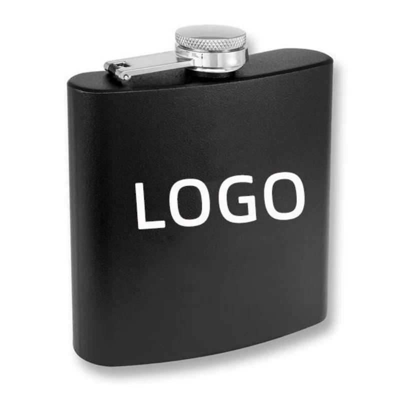 6 oz Black Powder Coated Stainless Steel Flask, custom water bottle with logo imprint 1