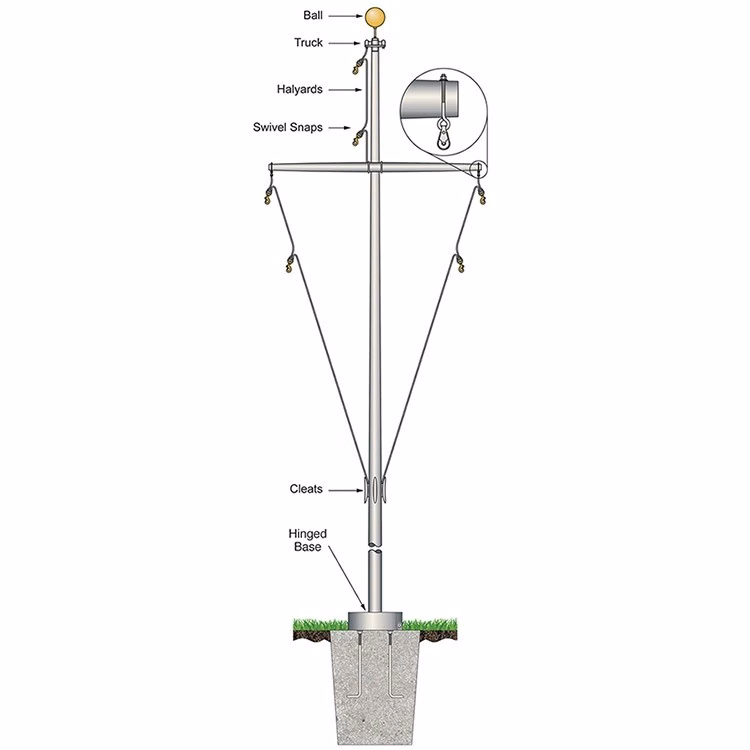 30' Nautical Flagpole w/Yardarm Hinged Base White Fiberglass