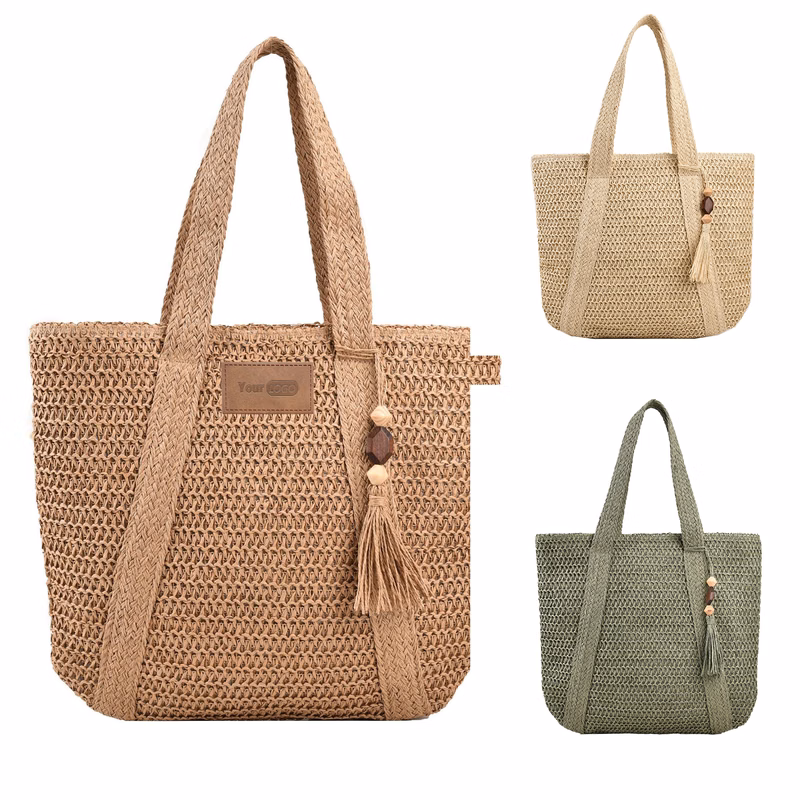 Jute Straw Beach Bag Summer Woven with Tassels Large