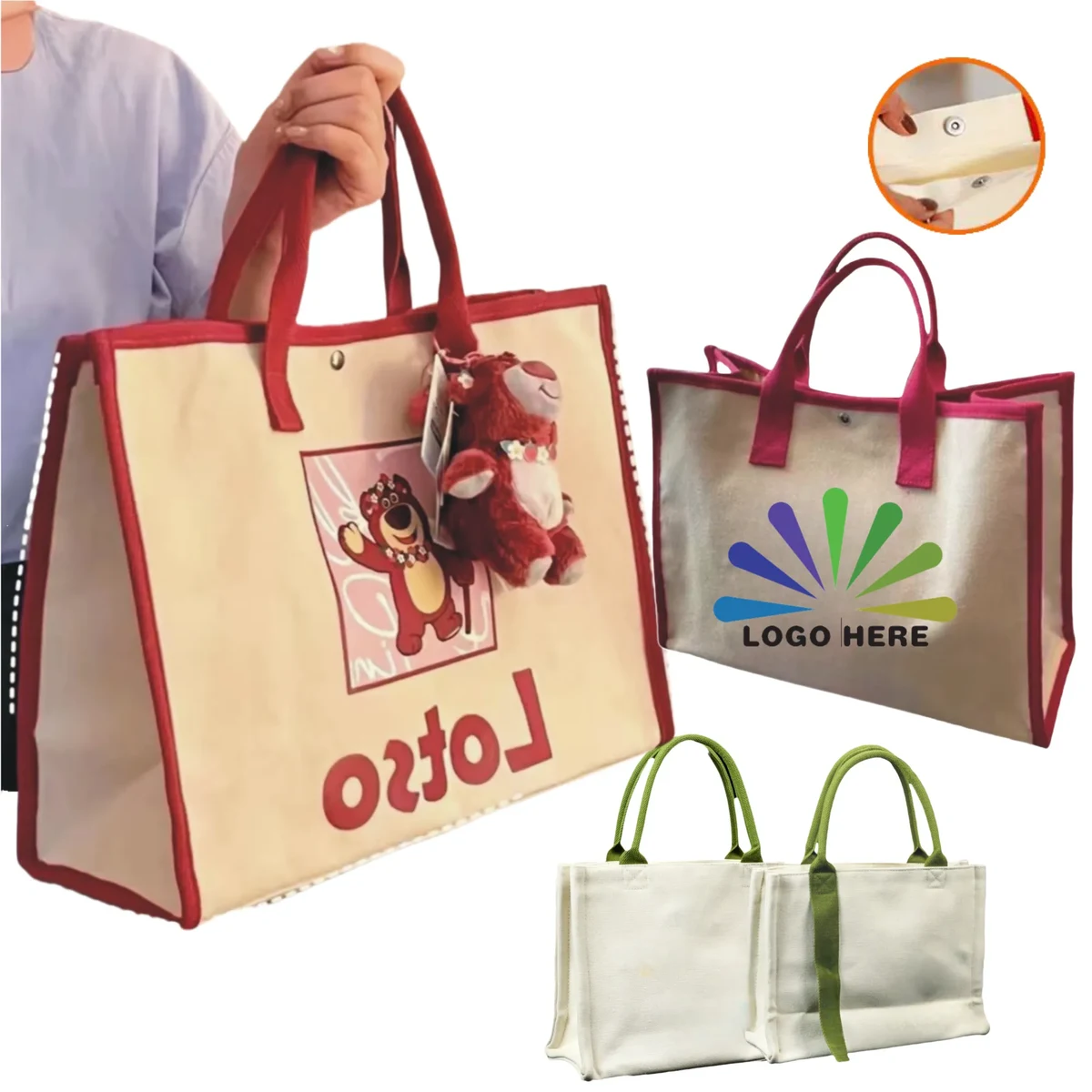 Stylish Two-Layer Canvas Tote Bag with Ribbon, custom tote bag with logo imprint 1