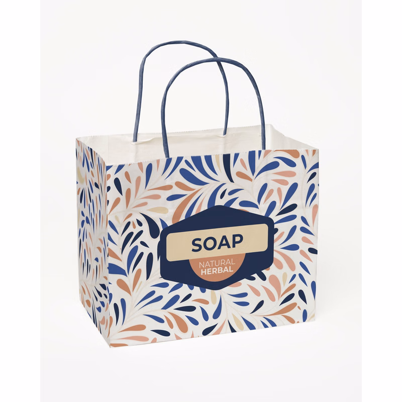 Multi-Sided Full Color White Shopper Paper Bag - Blue Handle (8.5"x 7.25"x 5")