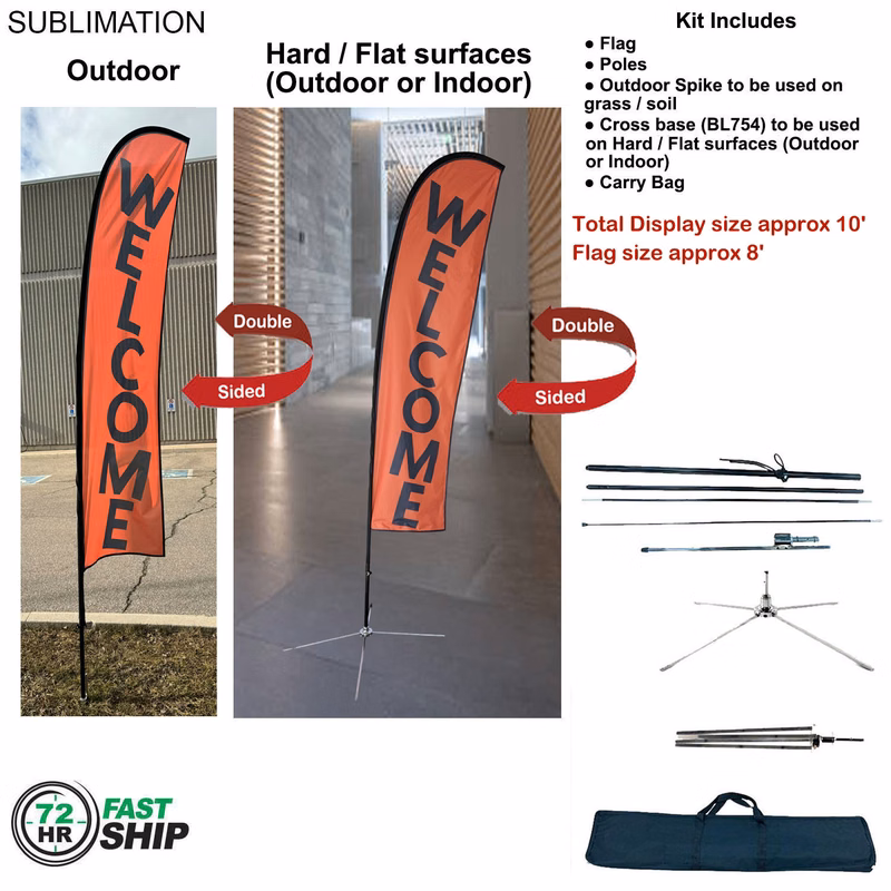 72Hr Fast Ship - 10' Small Feather Flag Kit, Full Color Graphics Double Sided, Outdoor & Indoor base