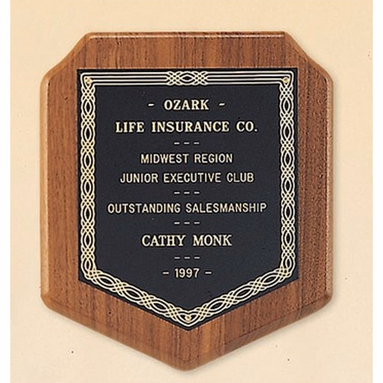 American walnut plaque with a black brass plate. 7" x 8" Award