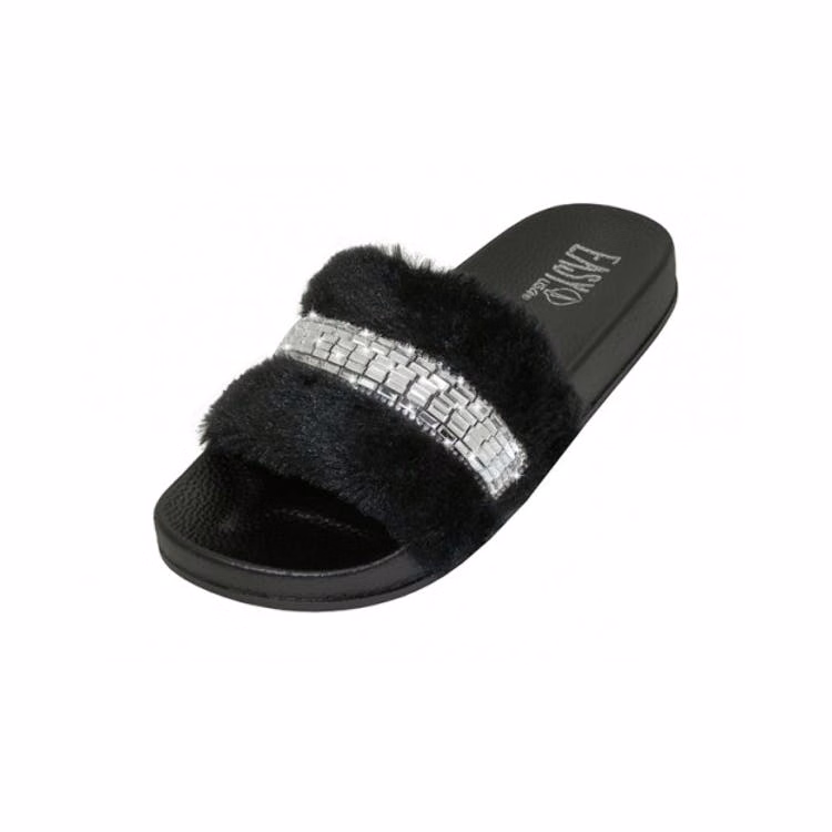 Women's Rhinestone Sandals - Black 6-11 Faux Fur