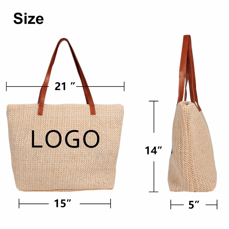 Straw Tote Beach Zipper Bag
