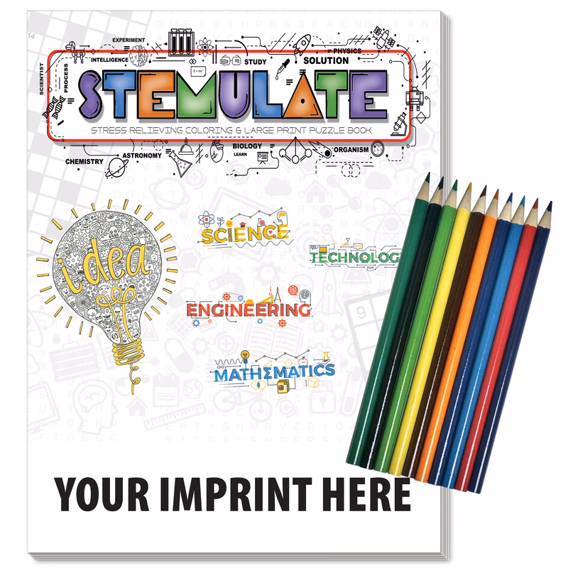 Relax Pack: STEMulate - Adult Coloring and Large Print Puzzle Book Combo with Colored Pencils