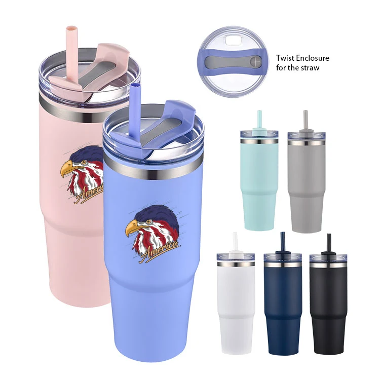 30 oz. PP Inner Double Wall Insulated Travel Mug w/Straw & Twist Closure Lid 1