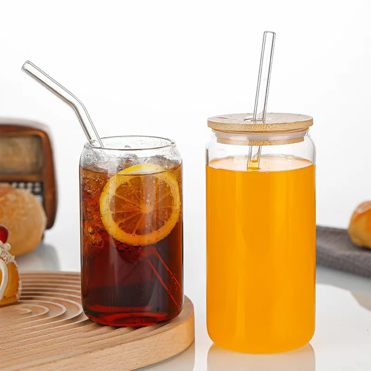 Glass Can Cup with Bamboo Lid 1