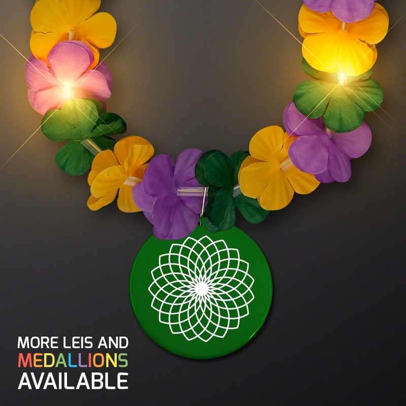 Mardi Gras Lei Light Up Flower Necklace with Medallion