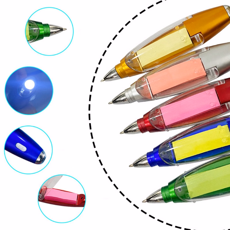 Functional Ball Point Pen with Sticky Notes/Flashlight