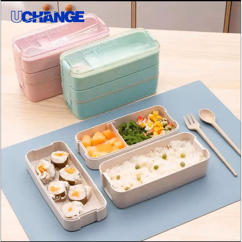 Portable 3-Layer Wheat Straw Bento Lunch Box for Daily Meals